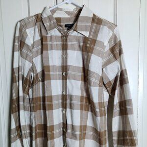 Talbots White/Beige Metallic Thread Plaid Long Sleeve Shirt NWT